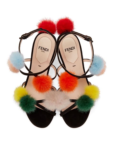 black suede sandals with pom poms fendi|Fendi: Black Fur Pom Pom Sandals .